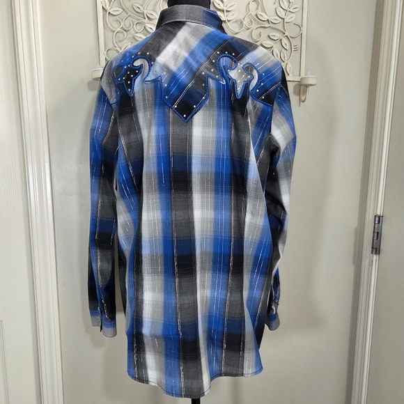 Wrangler Rock 47 Blue and Black Plaid Womans Shirt With Glitter Buttons Size XXL - Picture 4 of 5